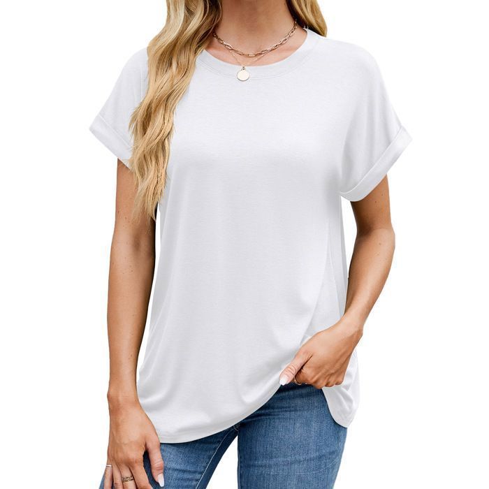 T-Shirt Femme Manches Courtes Col Rond Couleur Unie Casual Tee Shirt Ete Lache Tissu Confortable - Taille EU - Blanc