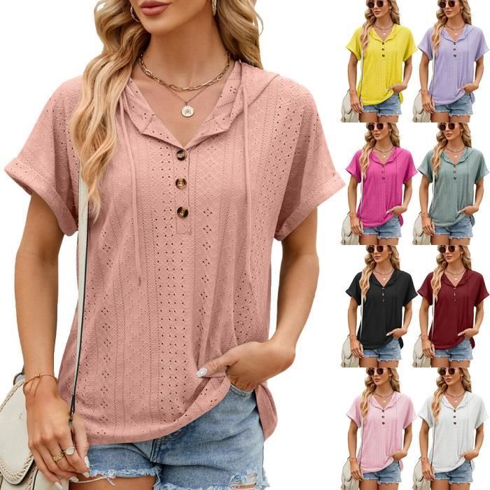 T-Shirt Femme À Capuche Manches Courtes Col V Avec Boutons Tee Shirt Été Lache Couleur Unie Confortable - Taille EU - Vert