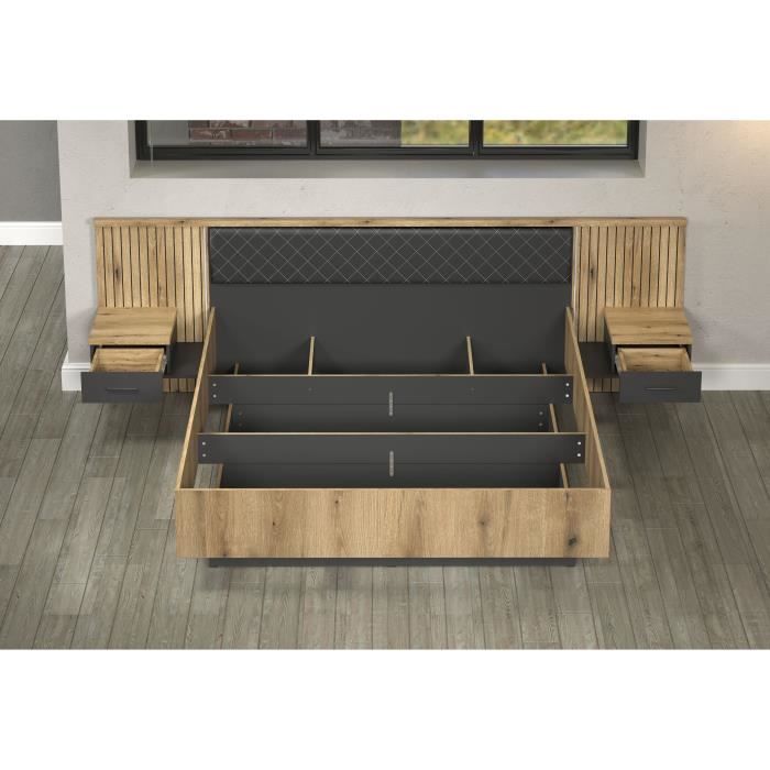 Lit avec chevets et éclairage indirect - ESTEBAN - 180 x 200 cm - Chêne blond / Anthracite - TRENDTEAM