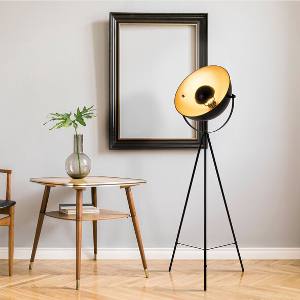 Lampă de podea Bernice cu trepied E27, negru-auriu