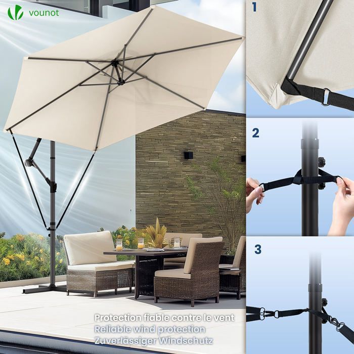 VOUNOT® Parasol déporté inclinable avec sangle de fixation 3M Beige - Rotatif 360° - Inclinaison réglable - Housse de protection