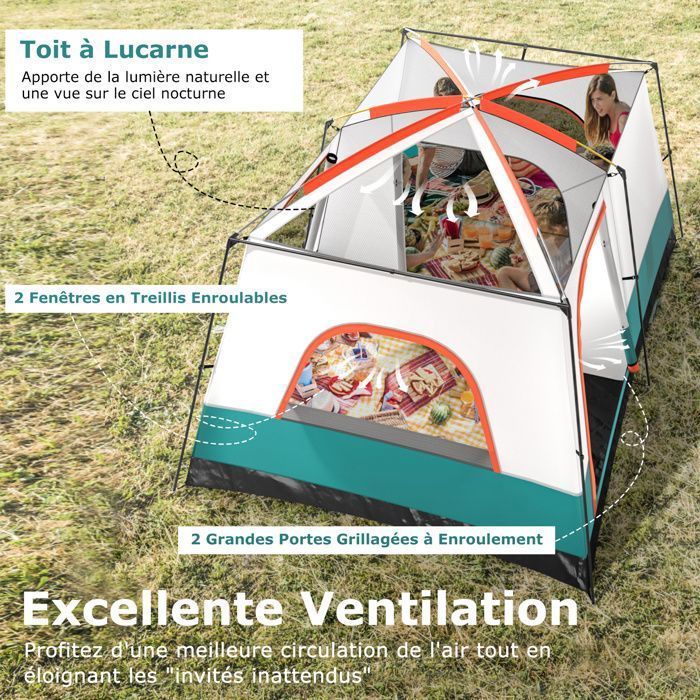 Tienda de campaña para 4-6 personas - COSTWAY - Toldo - 2 habitaciones, 2 puertas, 2 ventanas de malla, doble techo desmontable - Bolsa de transporte - Verde