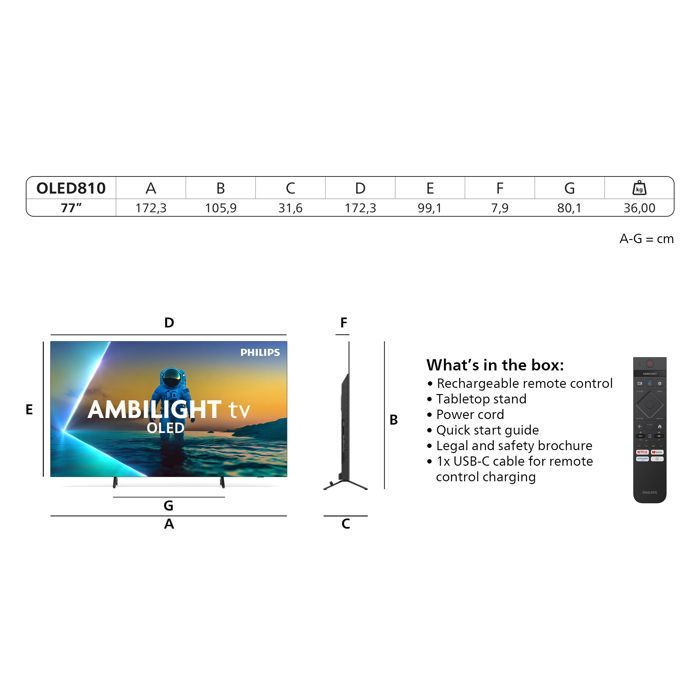 Televisor Philips 77OLED810 de 194 cm, 4K UHD 2025, OLED Ambilight, color gris metalizado.