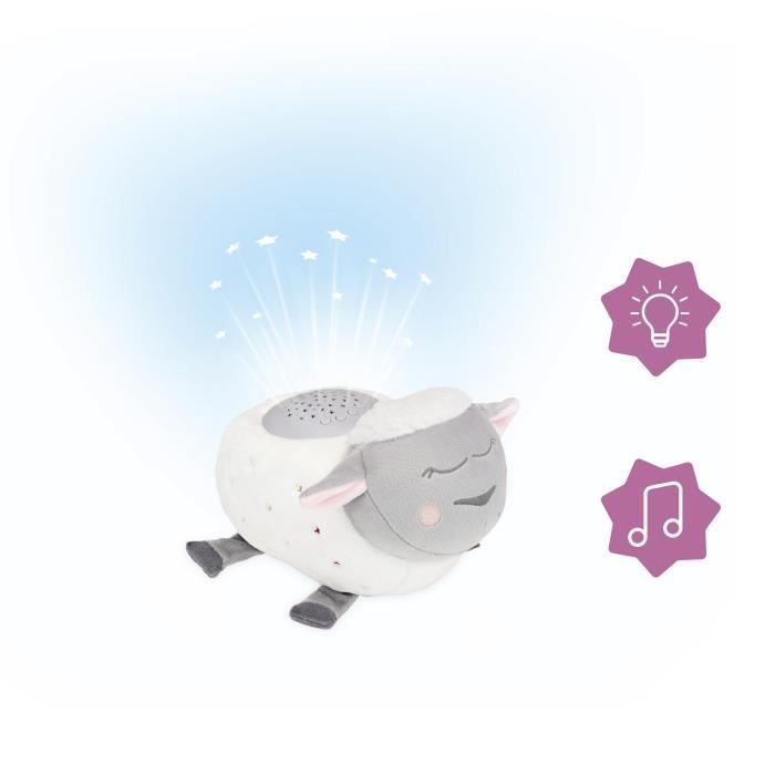 Lampada notturna a forma di pecora di peluche Badabulle - Proiezione di stelle e ninne nanne