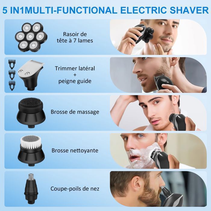 Afeitadora eléctrica para hombre - Afeitadora inalámbrica 5 en 1 para cabezas calvas con pantalla LED - IPX7 100% resistente al agua, uso en seco y húmedo