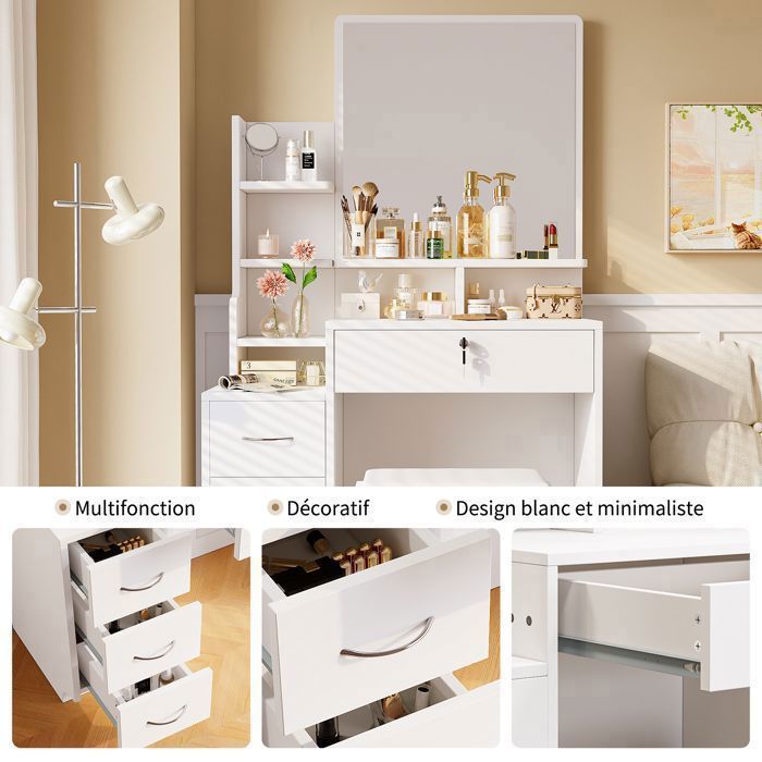 Tavolo da trucco Dripex con specchio e comodo sgabello, tavolo da trucco moderno, 4 cassetti, 4 ripiani, bianco, 87x40x144 cm