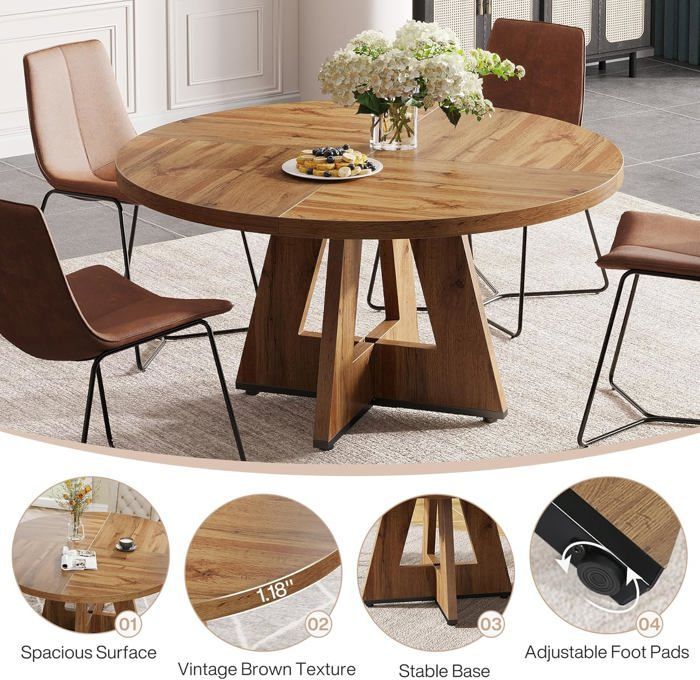 Tribesigns Ronde Table à Manger Industriel pour 6 Personnes, 120 x 120 x 75 cm, Table de Salle à Manger pour Cuisine, Couleur Bois