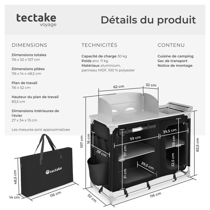 Muebles de camping - TECTAKE - Cocina de camping plegable con bolsa de transporte 116 x 52 x 107 cm - Negro
