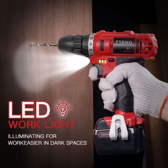TEENO Cordless Drill Driver - 21V - 2 Lithium Batteries + 41 Accessories + Professional Gloves