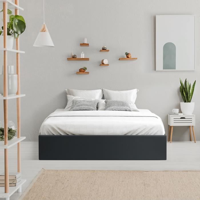 Cama adulta ECLIPSE de 160x200 cm con caja de almacenamiento - Piel sintética negra