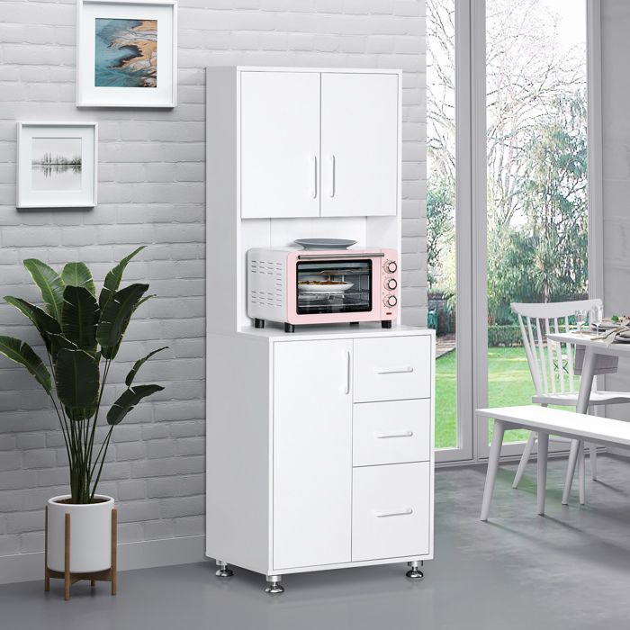 Aparador alto de cocina - HOMCOM - 3 puertas, 3 cajones y encimera - aglomerado - 60 x 40 x 160 cm - blanco