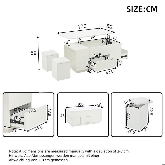 Mesa de centro blanca ajustable de 100x50x45 cm con LED - 2 cajones, espacio de almacenamiento y soporte de 50 kg - Conjunto 4 en 1 con otomana