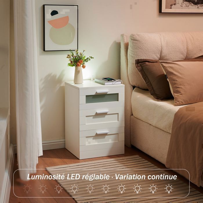 Bedside Tables with 3 Drawers, Nightstand with LED Lighting and USB and Type-C Ports, for Bedroom, Living Room (2, White)