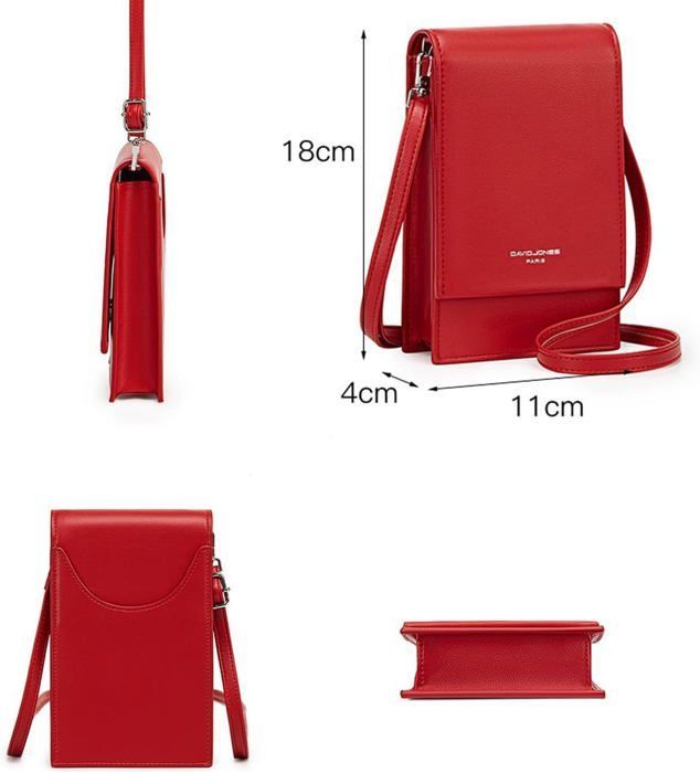 David Jones - Women's Mobile Phone Crossbody Bag - Mini Clutch Bag, Small Shoulder Bag, Faux PU Leather - Red