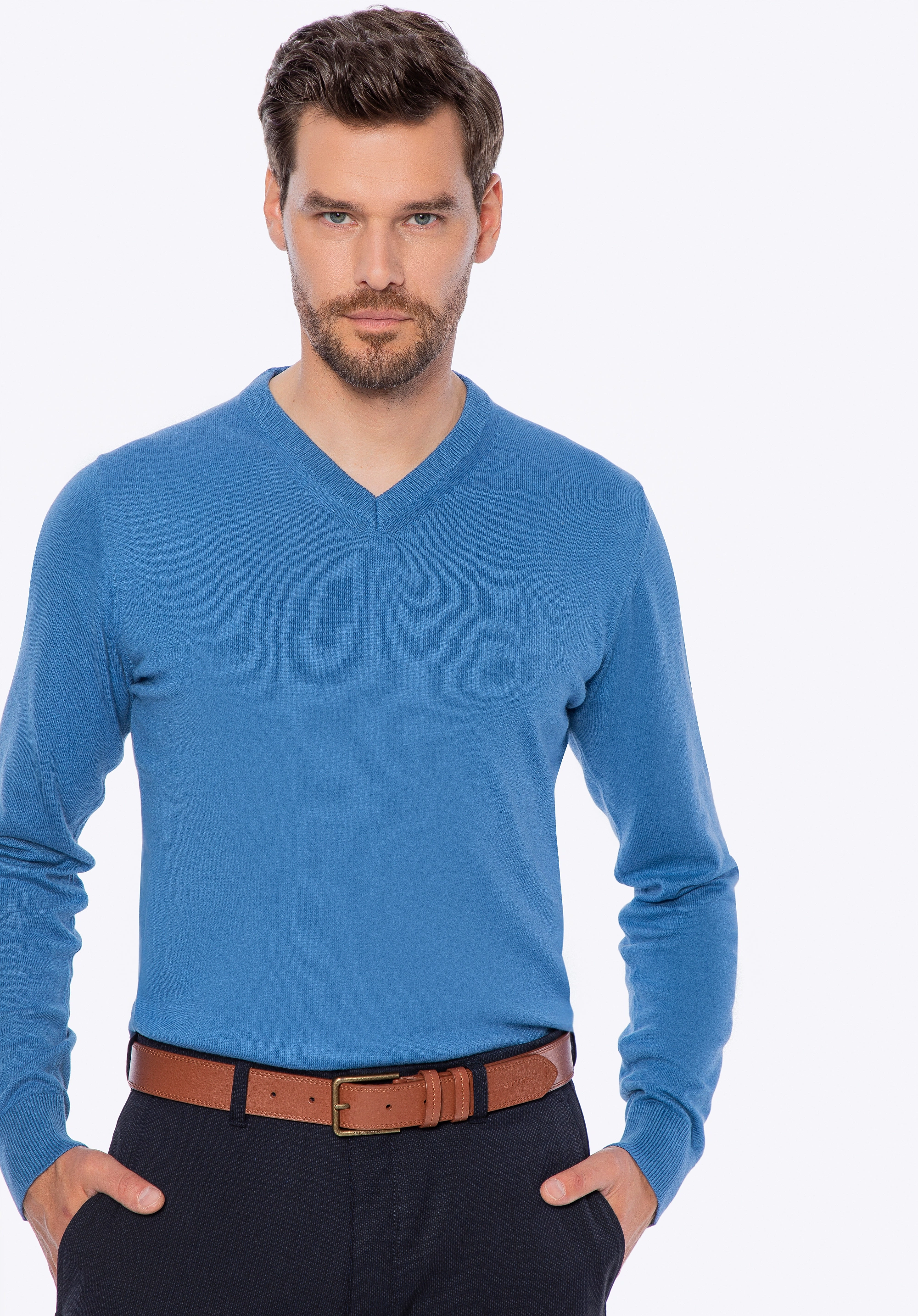 Sweter męski bawełniany z kaszmirem niebieski