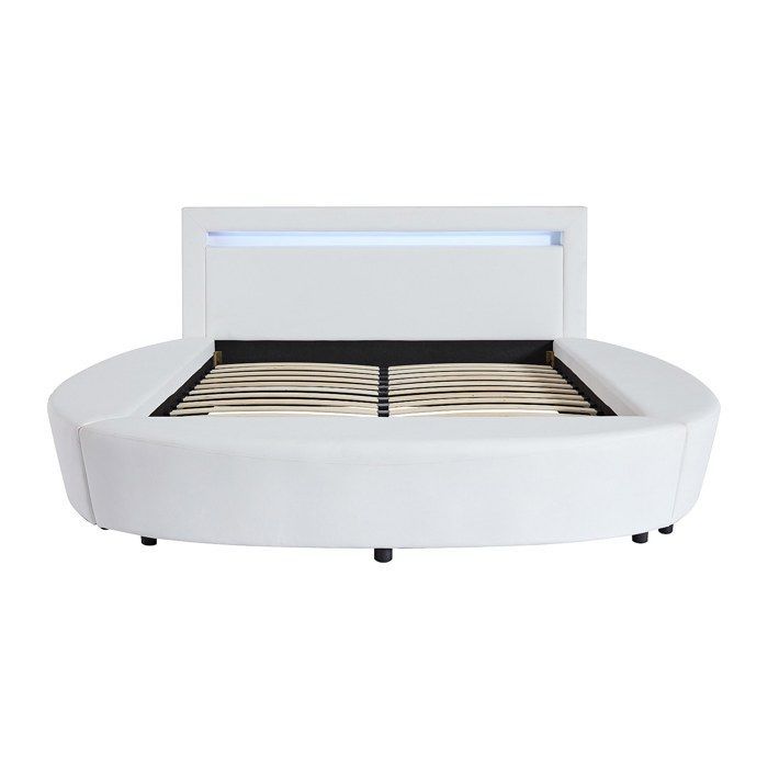 Cama redonda de 160 x 200 cm - Con luces LED - Piel sintética - Blanca + Colchón - ABULIS III