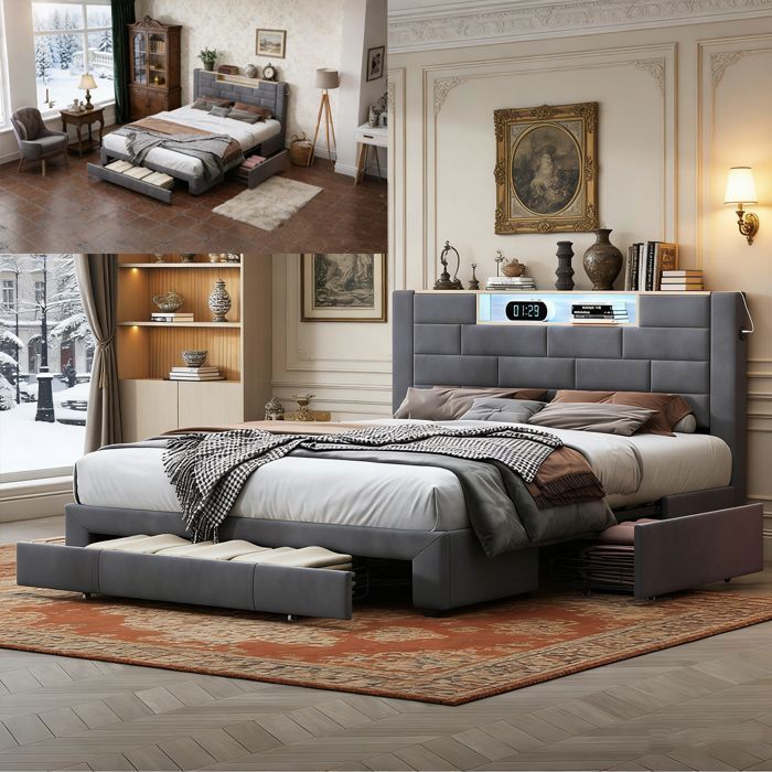 Cama de 140x190 cm - COZY - LED - tela de terciopelo - estructura de cama doble de 140x190 cm - gris