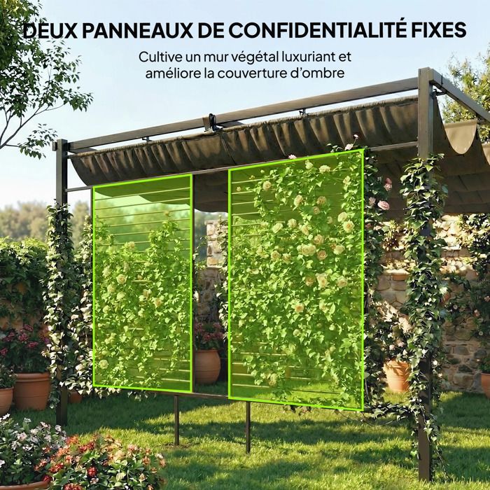 Gartenpergola mit Kletterpflanzenspalier – Outsunny – UV50+ – 2 Sichtschutzwände für Kletterpflanzen – 3 x 4 m – Dunkelgrau