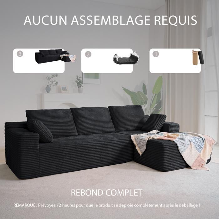 Divano angolare destro 263x171x59cm, combinazione libera 4/5 posti, non richiede montaggio, divano con chaise longue, velluto a coste nero