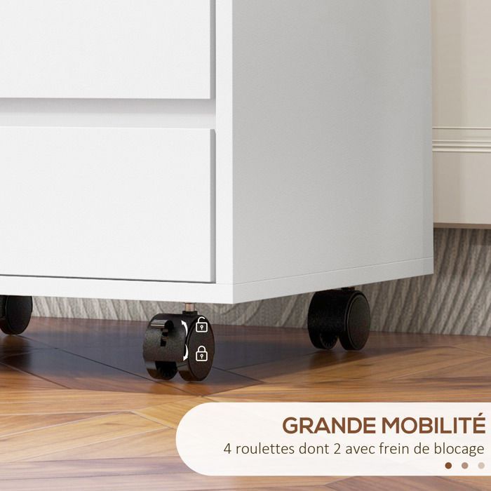 Office pedestal - HOMCOM - storage unit on casters with 4 sliding drawers - office furniture - wood - white wood finish
