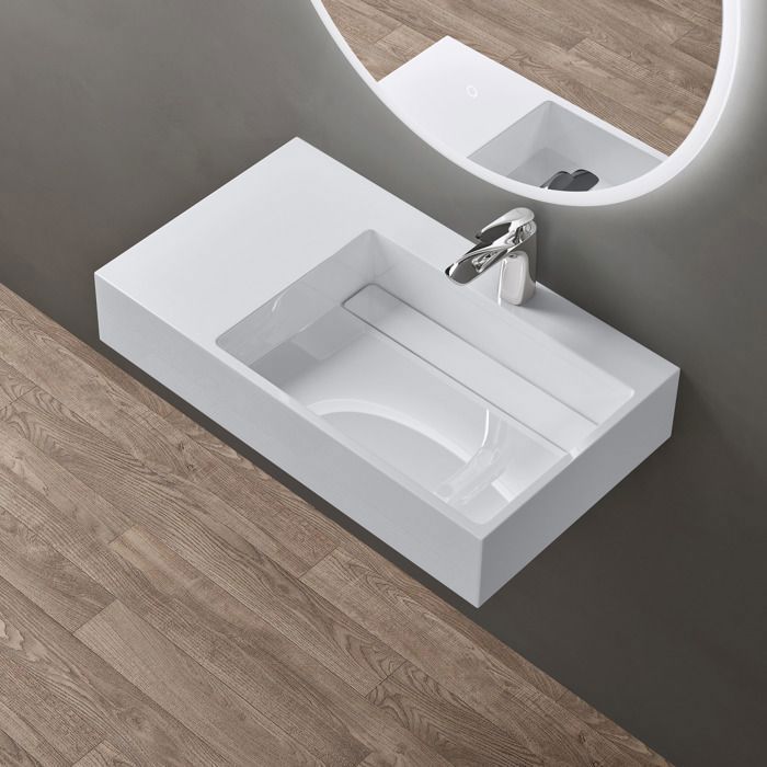 Lavabo mural blanco doporro de 75 cm, lavabo de encimera con desagüe, lavabo rectangular de 75 x 43 x 14 cm Colossum12-R