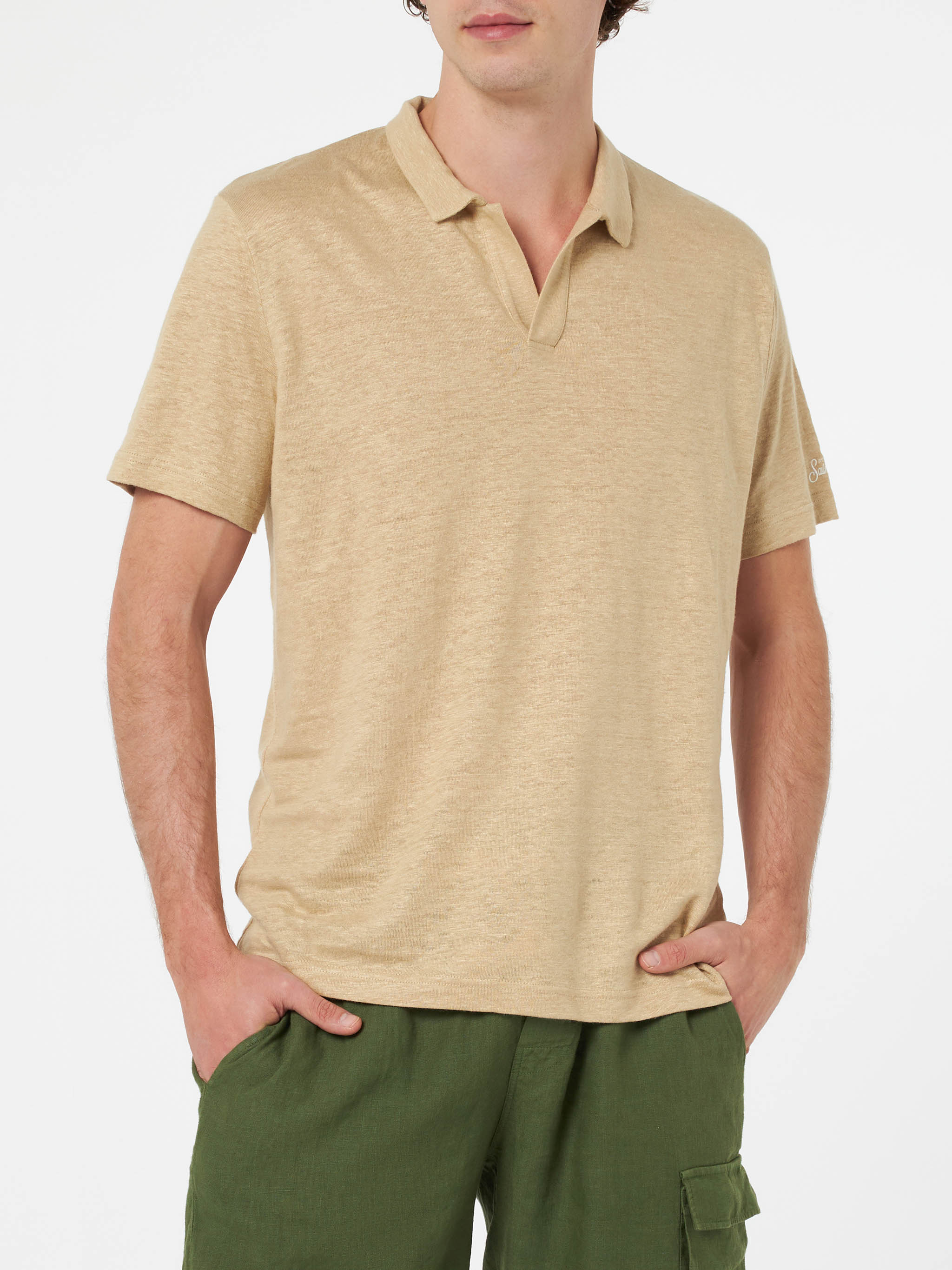 Fraser beige linnen poloshirt zonder knoopjes