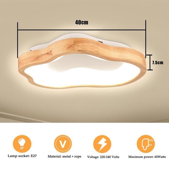 WOTTES Plafonnier LED En Bois Rond - Ø40*7.5CM - Blanc Chaud - Plafonnier nuage en bois Design - Pour Salon Cuisine Salle de bains
