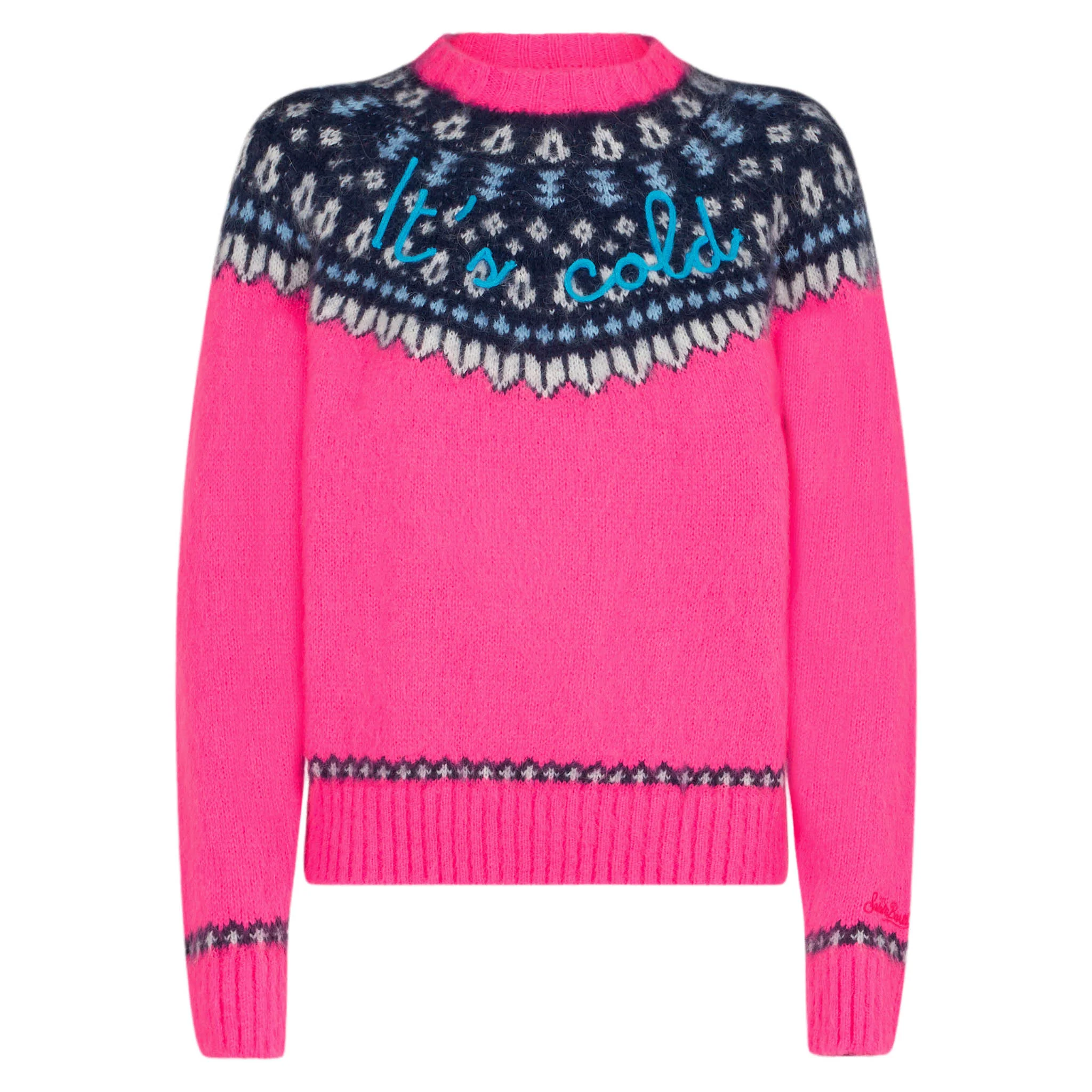 Damestrui met ronde hals en jacquardpatroon in Scandinavische stijl in neonroze.