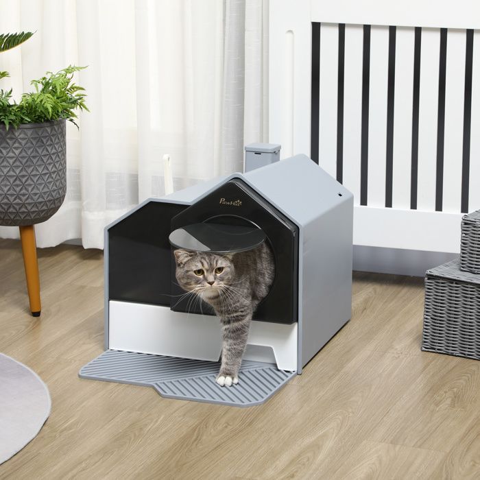 Katzentoilette – PawHut – Design-Katzentoilette mit Schwingtür, Schaufel und Matte – Kunststoff – 47 x 45 x 42 cm – grau
