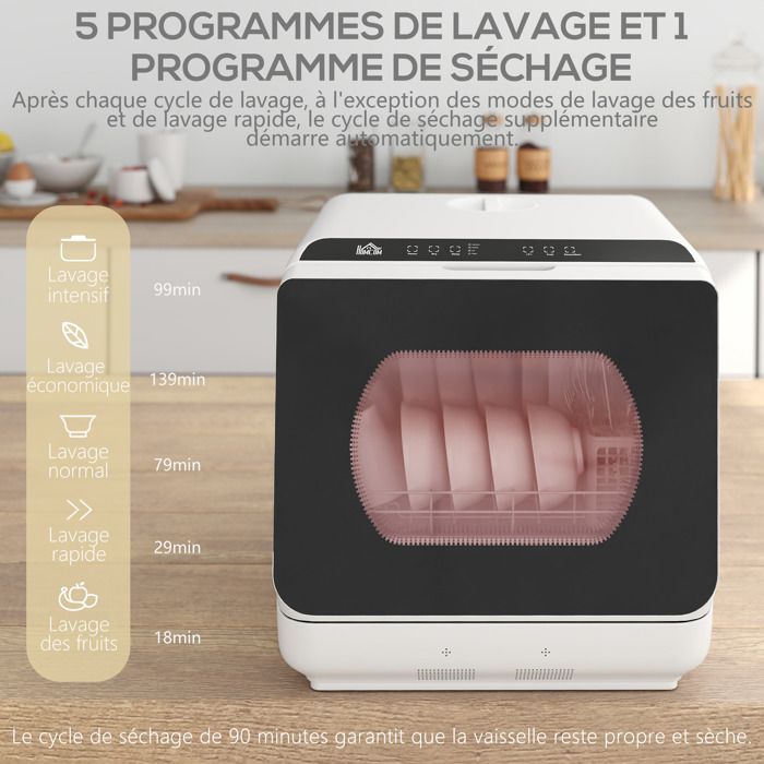 Mini lave-vaisselle - HOMCOM - 4 couverts, 5 programmes, réservoir d'eau 6L - commande tactile - affichage LED - blanc