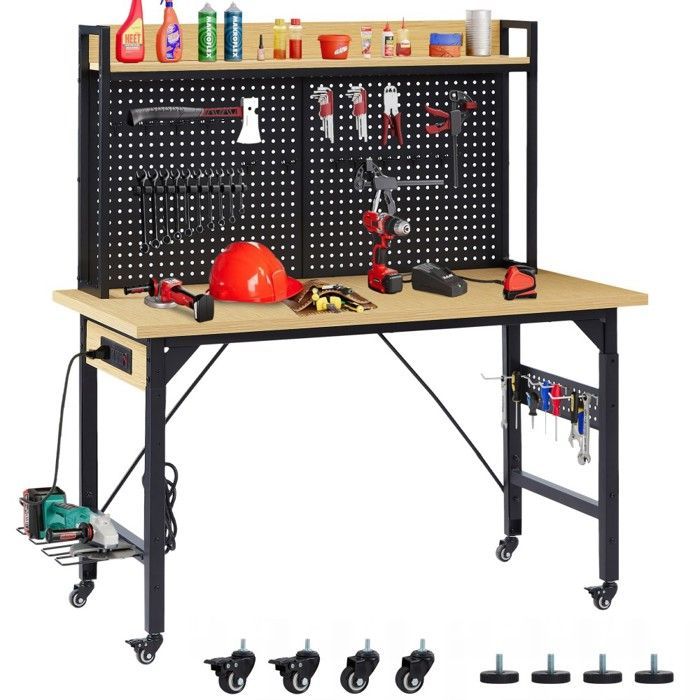 Banco de trabajo/taller de 120x60x155,5 cm, robusto, con ruedas, panel perforado, alimentación CA/USB, capacidad de 700 kg, para garaje/taller, color negro natural.