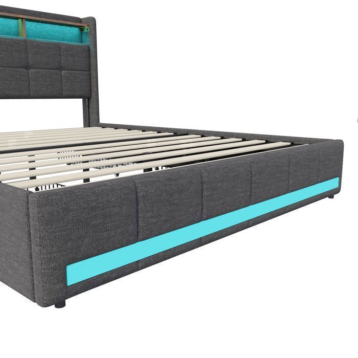 Bed van 140x190 cm met ledverlichting en 4 lades, volwassenenbed met USB-oplaadpunt, tweepersoonsbed, 2-persoonsbed, lattenbodem, beddengoed, grijs