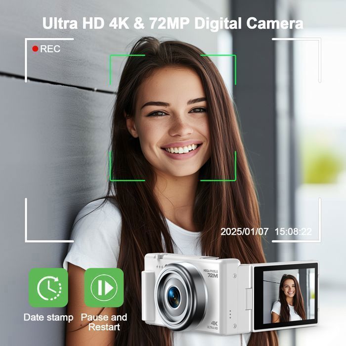 Cámara digital compacta JEEMAK 4K de 72 MP, cámara de vídeo con enfoque automático, pantalla giratoria de 2,8