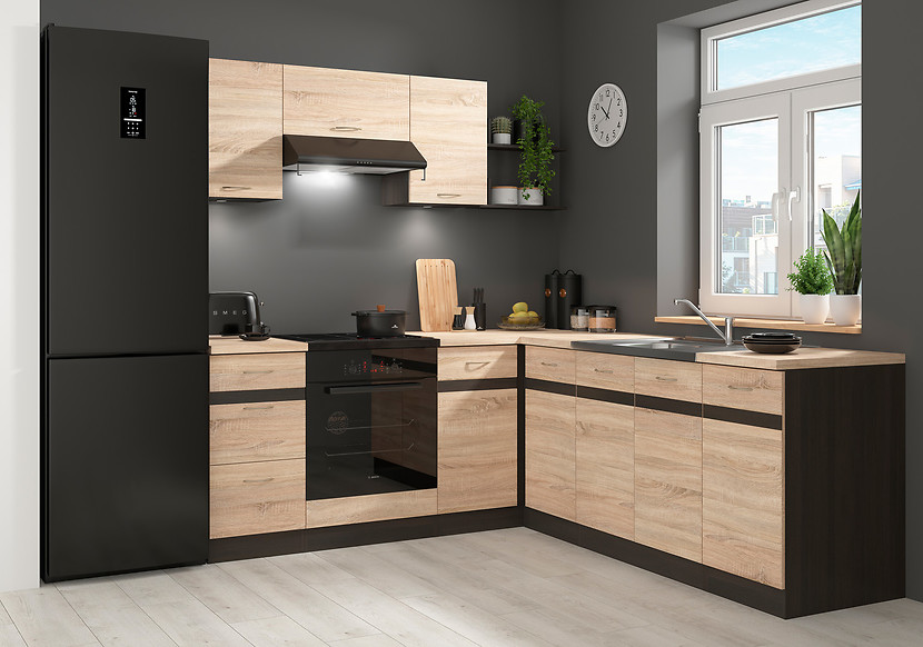 Komplet kuchenny narożny Junona Line 200x220 lewy dąb sonoma z blatem