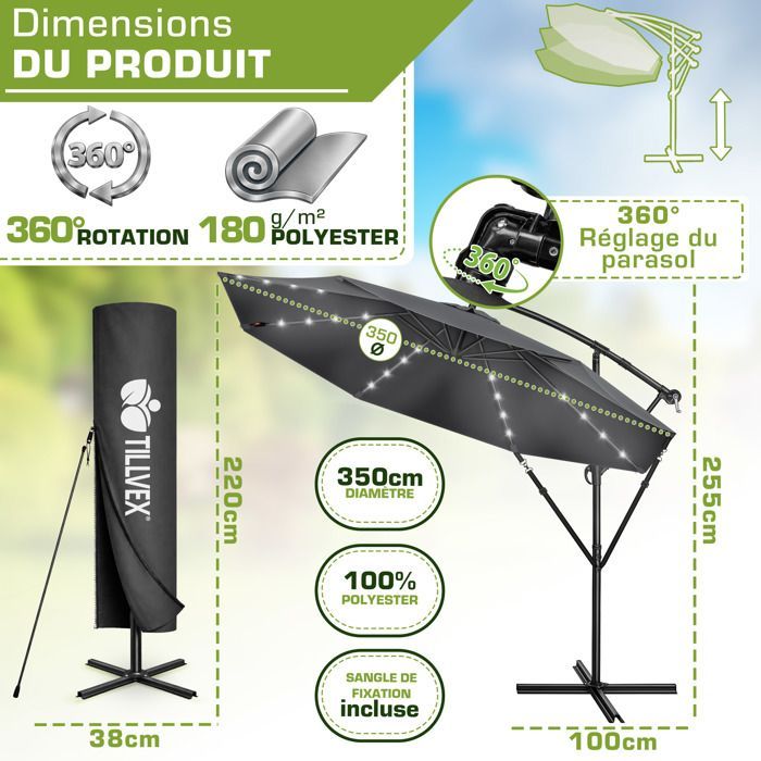 tillvex® LED Parasol déporté Ø 350 cm Anthracite – 360°, UV UPF 50+ avec manivelle, couverture & paravent, Pare-soleil avec pied