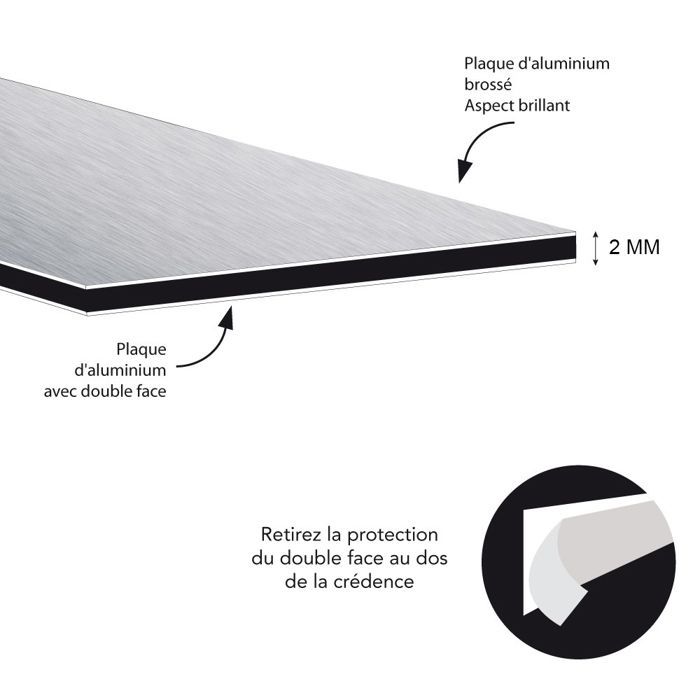 Crédence en aluminium brossé adhesive - 60 x 70 cm - Gris - Face arrière autocollante - Fond de hotte