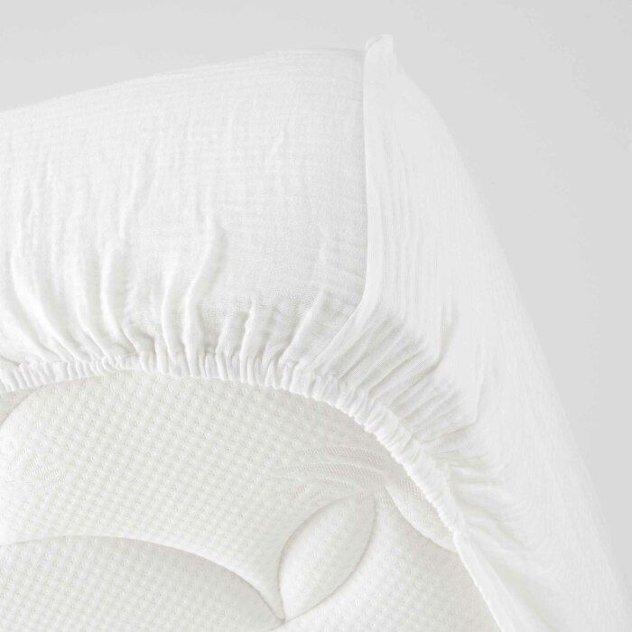Sábana bajera ajustable de algodón de doble gasa Angelia White de 160 x 200 cm (para 2 personas) - Blanca