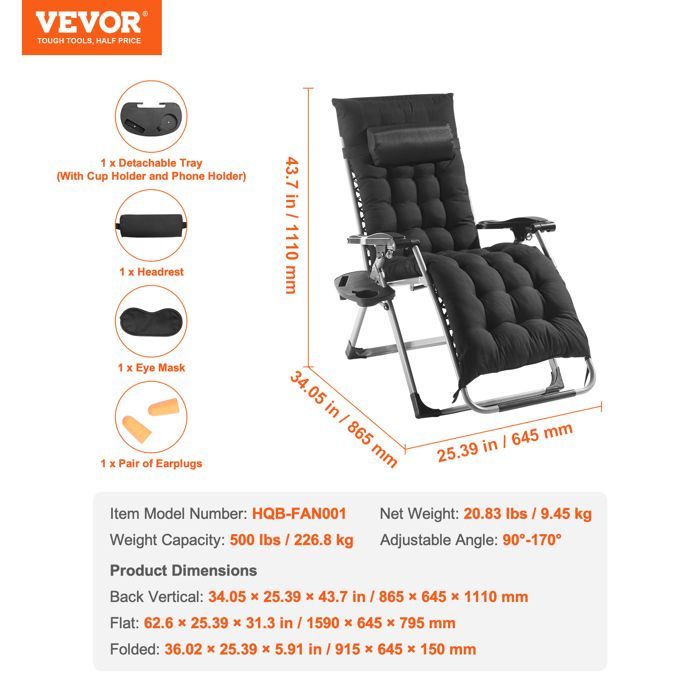 Fauteuil Inclinable Zéro Gravité-VEVOR-645 mm-Transat Relax Jardin pour Intérieur Extérieur-avec Coussin, Appui-tête, Repose-pieds