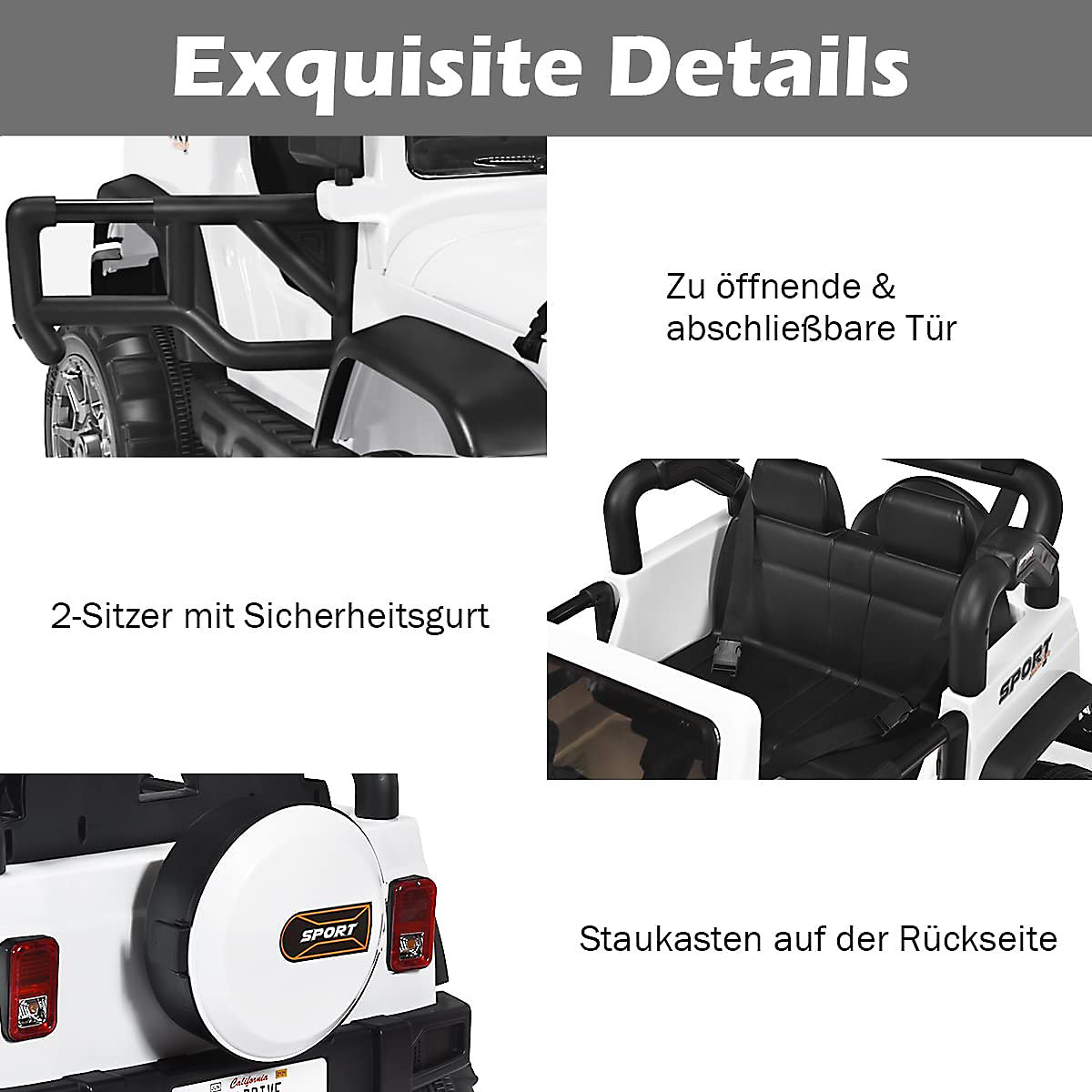 Electric Jeep 2-seater with 3 speeds, white