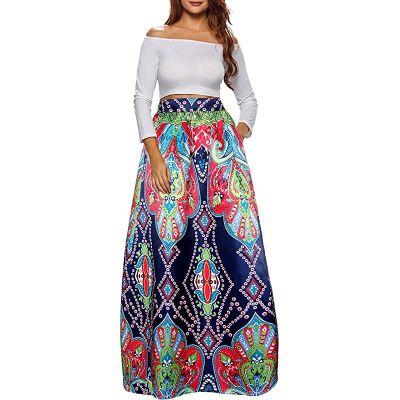 Gonna lunga da donna con stampa africana, modello svasato a trapezio
