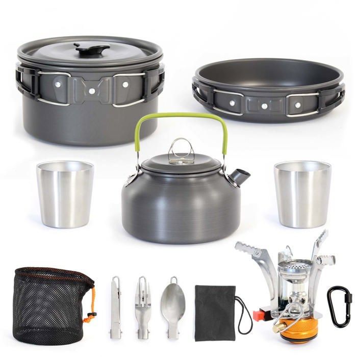 Toboli 12-Piece Camping Cookware Set, Steel/Aluminum, Outdoor Cooking Equipment with Stove, Saucepan, Frying Pan, Kettle