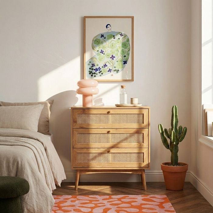 Commode INES effet chêne et cannage rotin 3 tiroirs - Bois