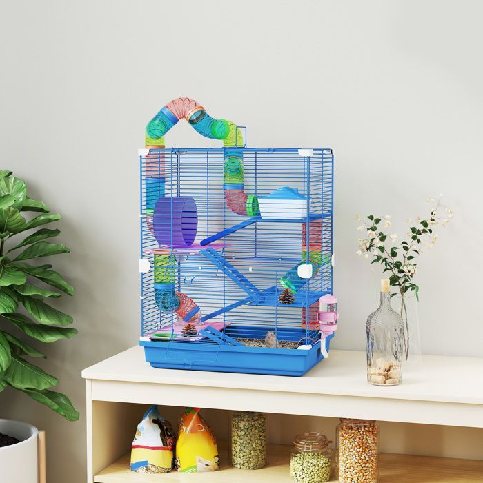 Jaula PawHut de 4 niveles para hámster/roedores con túneles, comedero, rueda, casita y escaleras - 46 x 30 x 58 cm - Azul