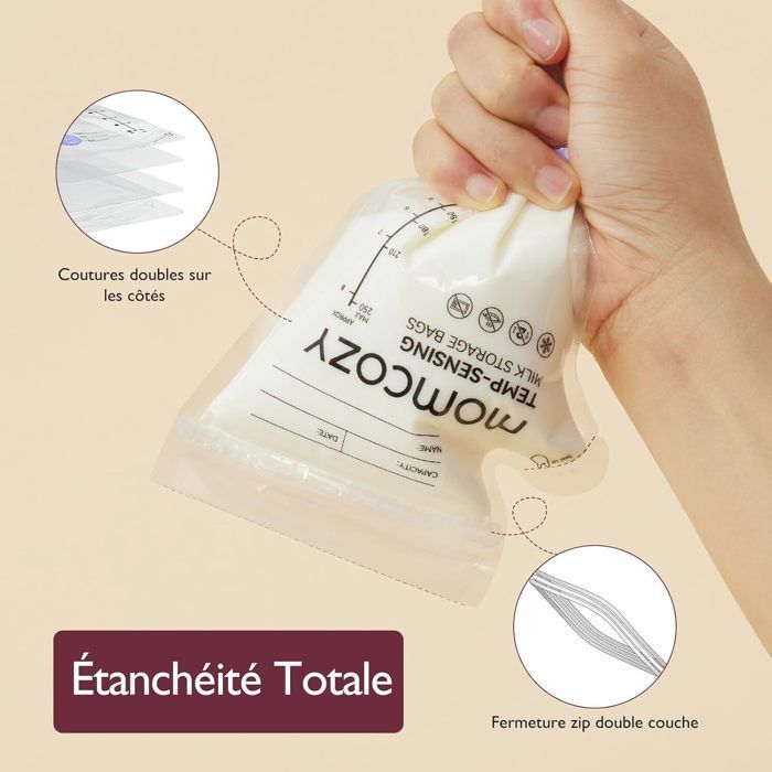 Momcozy Sachets congélation lait maternel 250 ml, indicateur température,60 unités autostables,pré-stérilisés, recyclables sans BPA