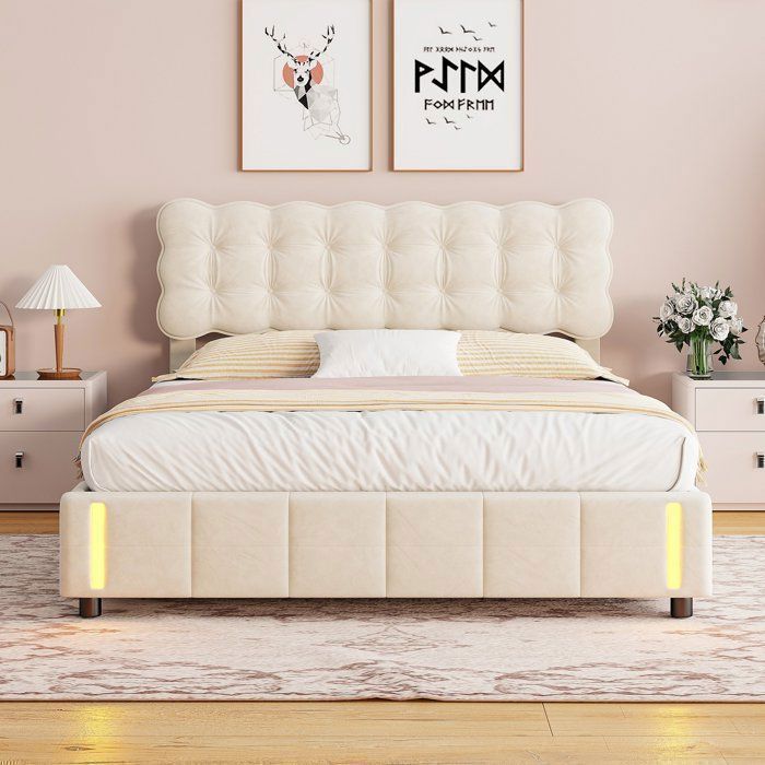 Complete slaapkamerinrichting voor volwassenen, bestaande uit een bedframe van 160x200 cm, een tweepersoonsbed, een opbergbed van 160x200 cm, een LED-bed van 160x200 cm en een inductieve voetlamp - Fluweel - Beige