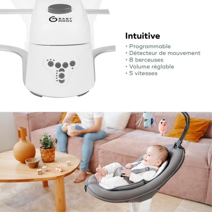 Babymoov Balancelle Bébé Electrique Swoon Motion, Assise à 360° - 5 vitesses - Réducteur & Arche inclus - 8 Berçeuses, Zinc