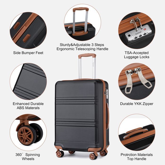 Kono 6-teiliges Reisekoffer-Set (28/51,5/65/75 cm) + Sport-Reisetasche mit Kosmetiktasche, Schwarz
