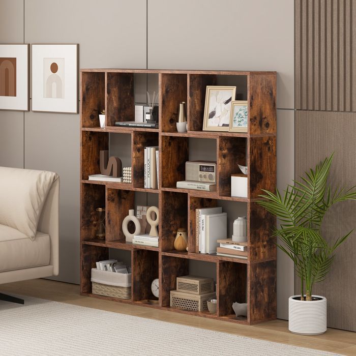 Estantería geométrica COSTWAY de 120 cm con 4 niveles y 8 cubos, estantería abierta de madera para salón, dormitorio u oficina, color marrón.