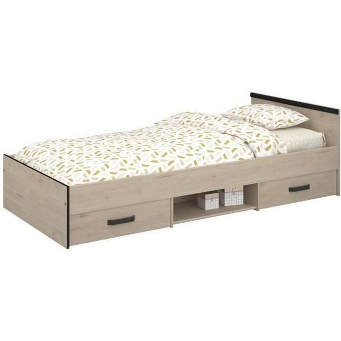 Letto per bambini PARISET Zodiac - 90x200 cm - Truciolato - Finitura rovere e nero - Contenitore