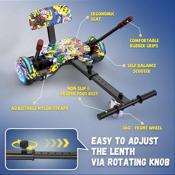 Hoverboard with integrated seat, 6.5 inches with Bluetooth speaker and LED lights for children (including pedal kart), Yellow